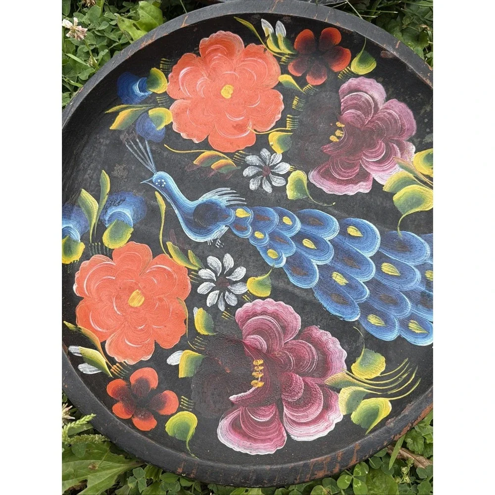 Vintage Mexican Hand-Painted Wooden Batea Bowl • Set Of 4 Peacocks Flowers - Picture 5 of 11